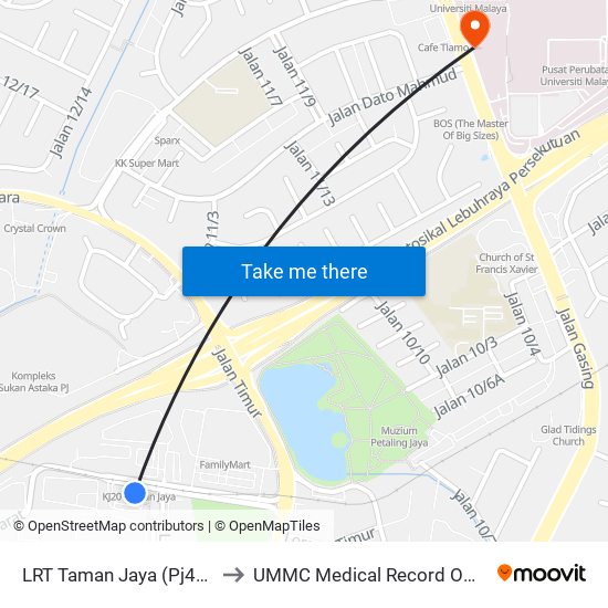 LRT Taman Jaya (Pj445) to UMMC Medical Record Office map