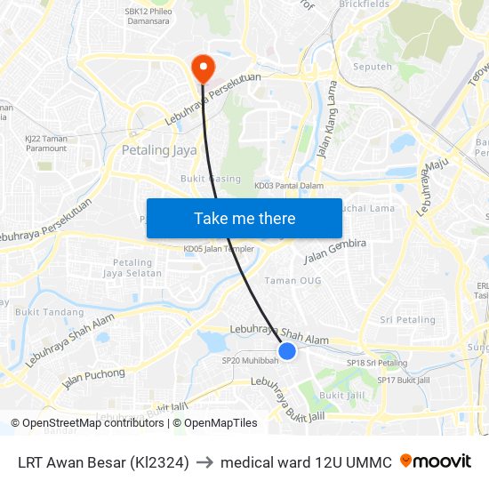 LRT Awan Besar (Kl2324) to medical ward 12U UMMC map