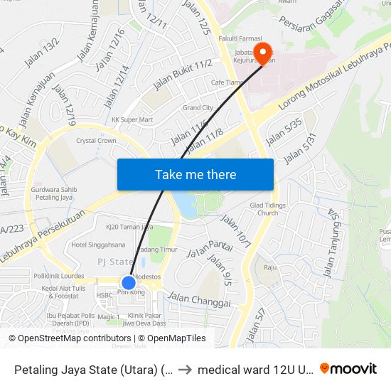 Petaling Jaya State (Utara) (Pj433) to medical ward 12U UMMC map