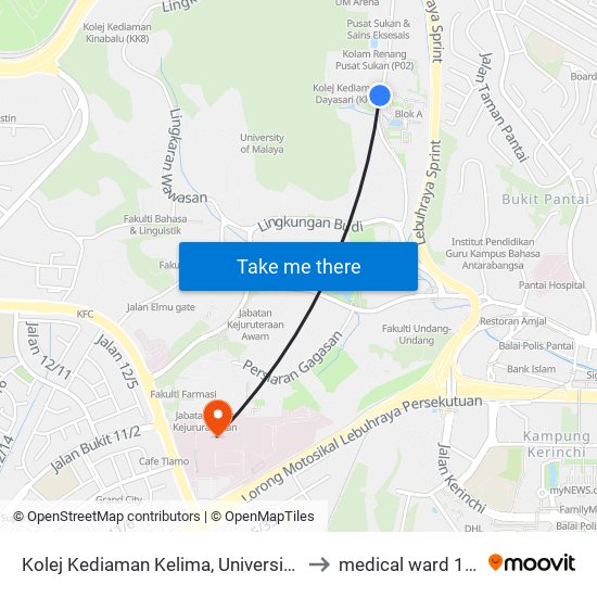 Kolej Kediaman Kelima, Universiti Malaya (Kl2343) to medical ward 12U UMMC map