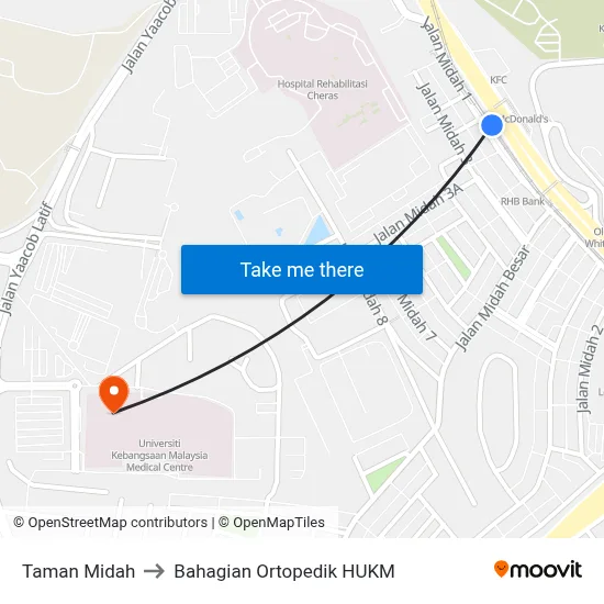 Taman Midah to Bahagian Ortopedik HUKM map