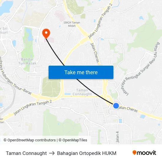 Taman Connaught to Bahagian Ortopedik HUKM map