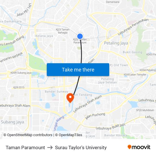 Taman Paramount to Surau Taylor's University map