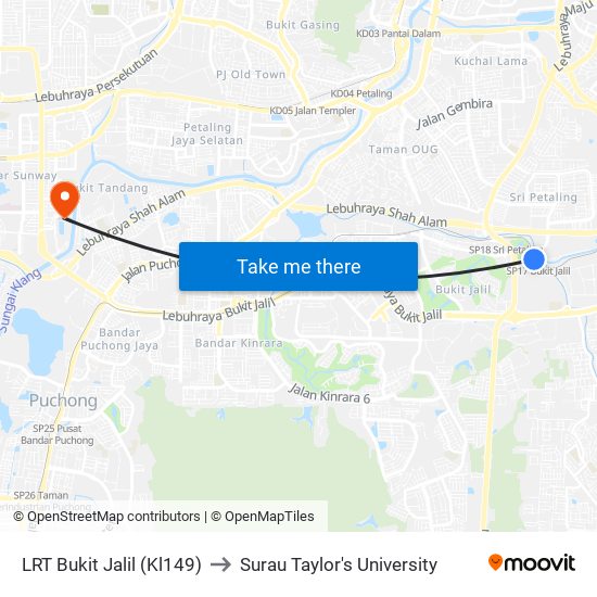 LRT Bukit Jalil (Kl149) to Surau Taylor's University map