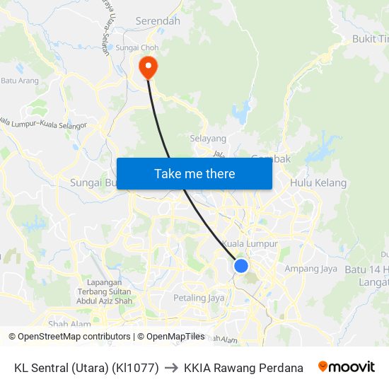 KL Sentral (Utara) (Kl1077) to KKIA Rawang Perdana map