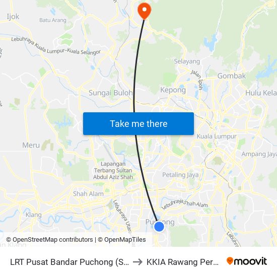 LRT Pusat Bandar Puchong (Sj735) to KKIA Rawang Perdana map