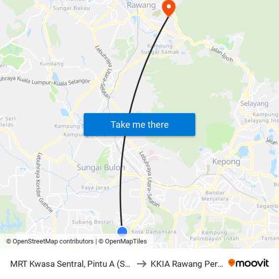 MRT Kwasa Sentral, Pintu A (Sa1020) to KKIA Rawang Perdana map