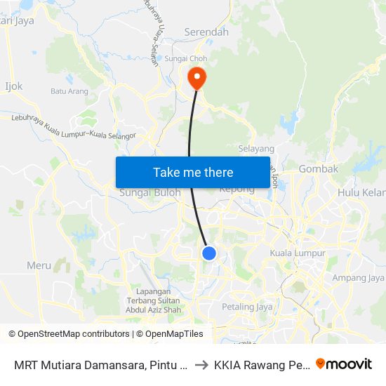 MRT Mutiara Damansara, Pintu C (Pj814) to KKIA Rawang Perdana map