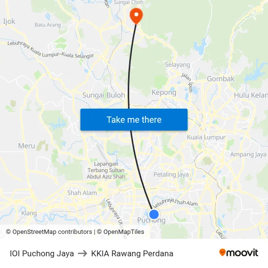 IOI Puchong Jaya to KKIA Rawang Perdana map