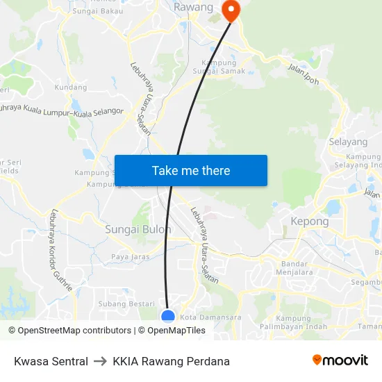 Kwasa Sentral to KKIA Rawang Perdana map