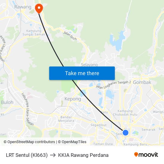 LRT Sentul (Kl663) to KKIA Rawang Perdana map