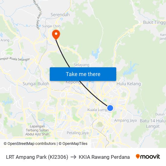 LRT Ampang Park (Kl2306) to KKIA Rawang Perdana map