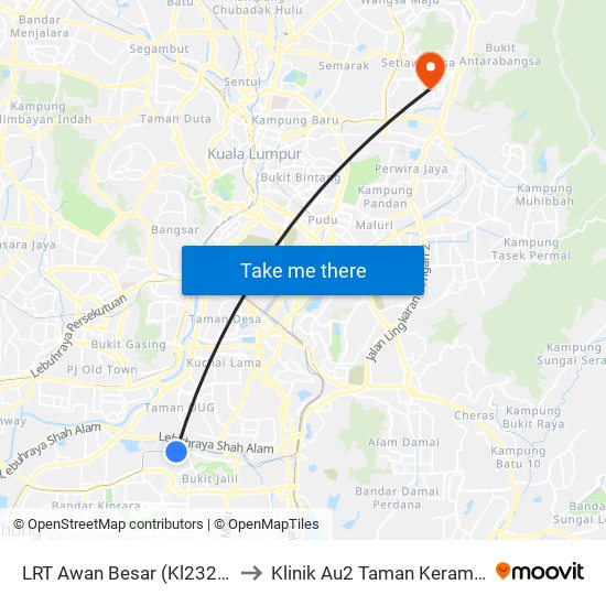 LRT Awan Besar (Kl2324) to Klinik Au2 Taman Keramat map