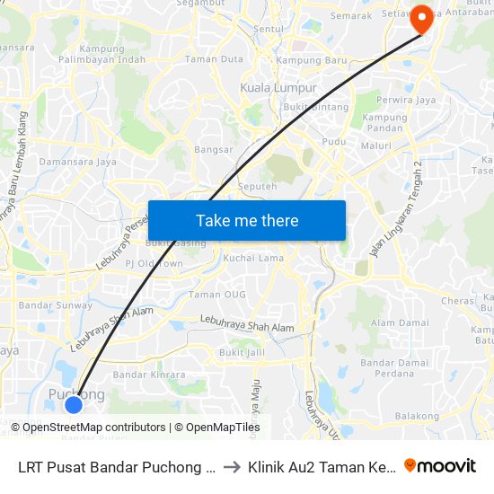 LRT Pusat Bandar Puchong (Sj735) to Klinik Au2 Taman Keramat map