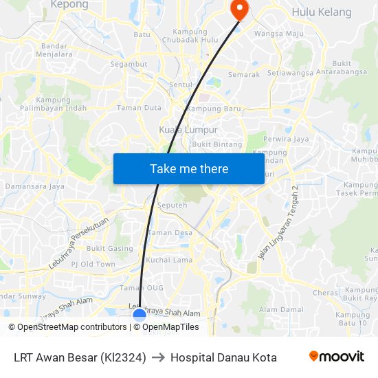 LRT Awan Besar (Kl2324) to Hospital Danau Kota map