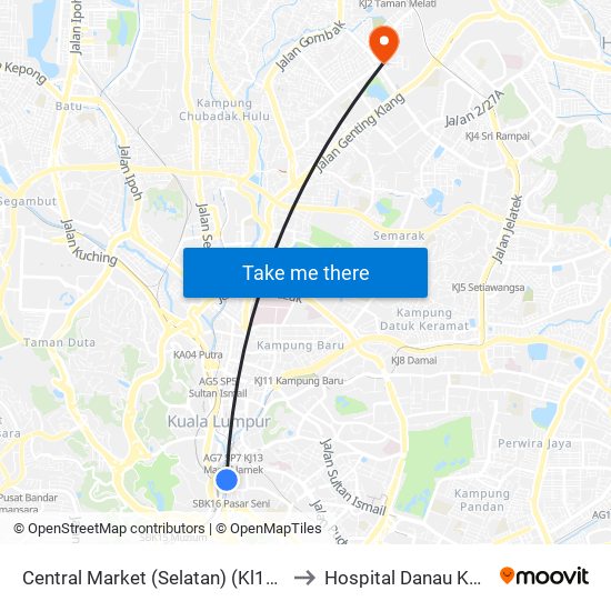 Central Market (Selatan) (Kl109) to Hospital Danau Kota map