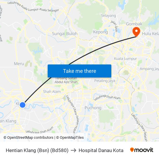 Hentian Klang (Bsn) (Bd580) to Hospital Danau Kota map