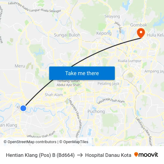 Hentian Klang (Pos) B (Bd664) to Hospital Danau Kota map