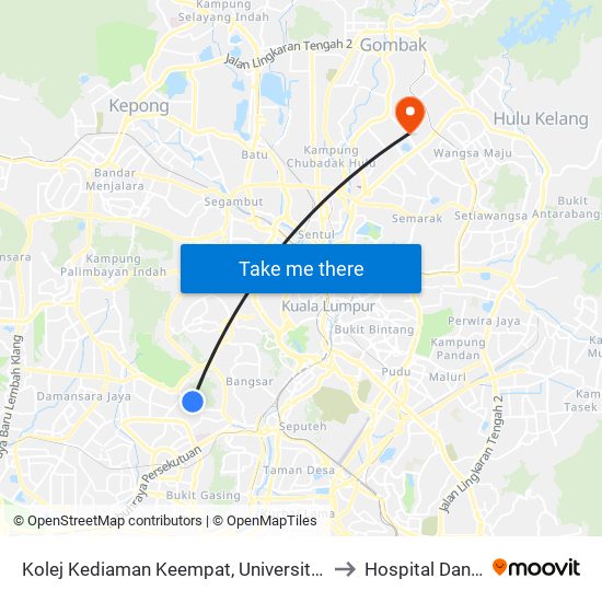 Kolej Kediaman Keempat, Universiti Malaya (Kl2348) to Hospital Danau Kota map