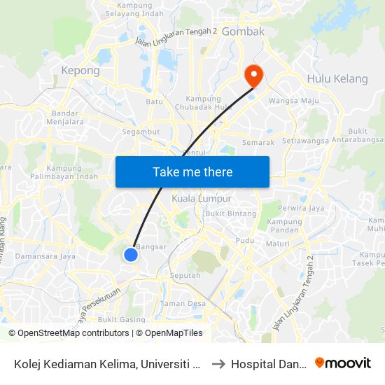 Kolej Kediaman Kelima, Universiti Malaya (Kl2343) to Hospital Danau Kota map