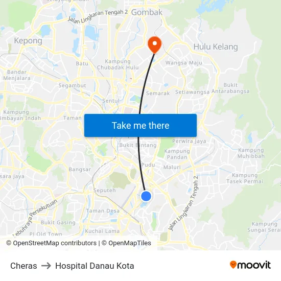 Cheras to Hospital Danau Kota map