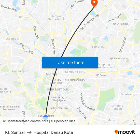 KL Sentral to Hospital Danau Kota map