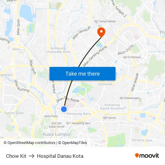 Chow Kit to Hospital Danau Kota map