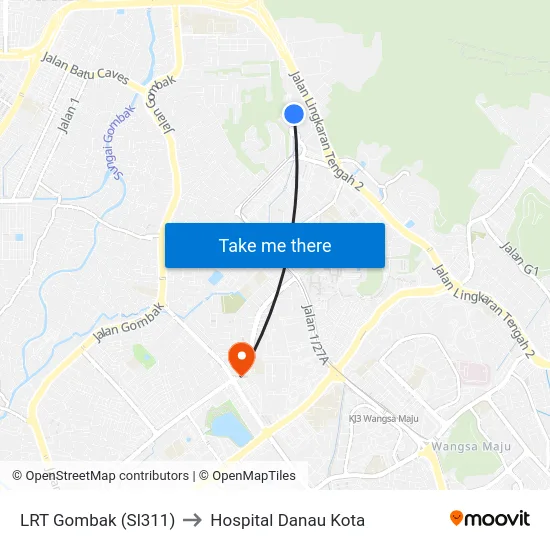 LRT Gombak (Sl311) to Hospital Danau Kota map