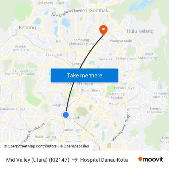 Mid Valley (Utara) (Kl2147) to Hospital Danau Kota map