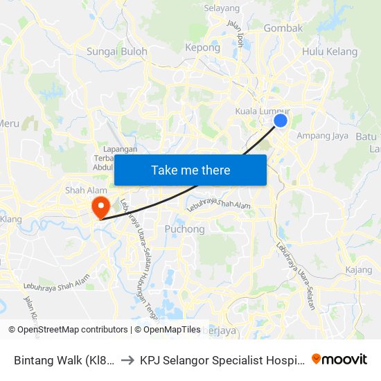 Bintang Walk (Kl85) to KPJ Selangor Specialist Hospital map