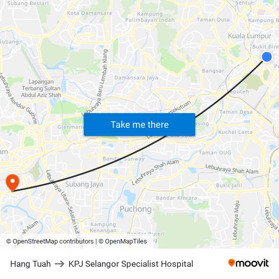 Hang Tuah to KPJ Selangor Specialist Hospital map