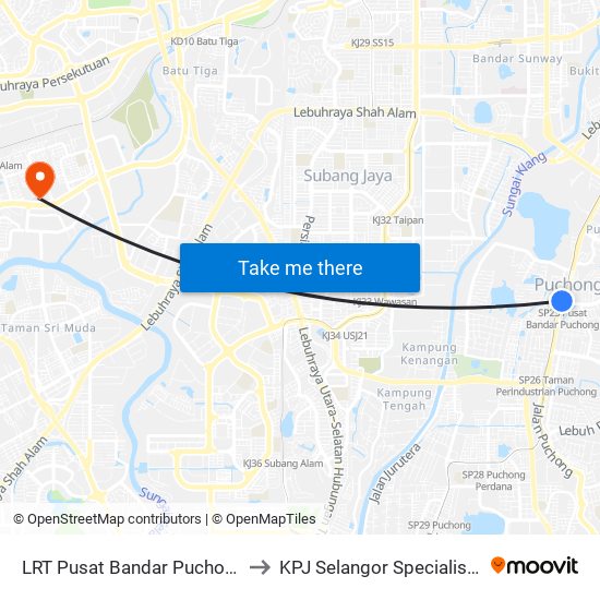 LRT Pusat Bandar Puchong (Sj735) to KPJ Selangor Specialist Hospital map