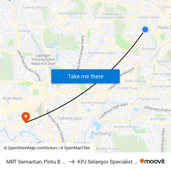 MRT Semantan, Pintu B (Kl1174) to KPJ Selangor Specialist Hospital map