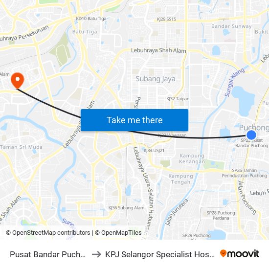 Pusat Bandar Puchong to KPJ Selangor Specialist Hospital map