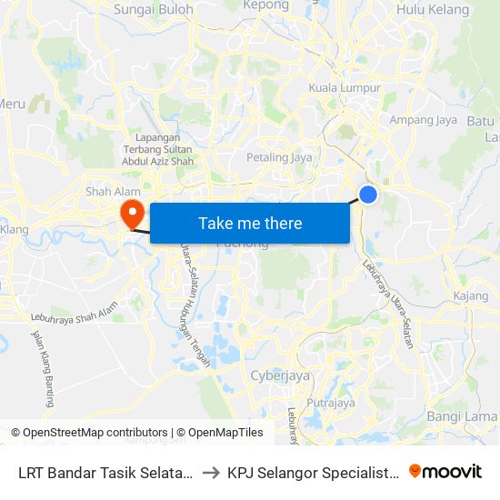 LRT Bandar Tasik Selatan (Kl152) to KPJ Selangor Specialist Hospital map