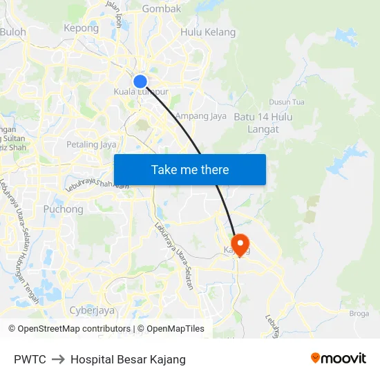 PWTC to Hospital Besar Kajang map