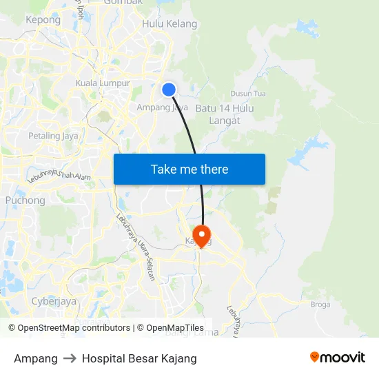 Ampang to Hospital Besar Kajang map