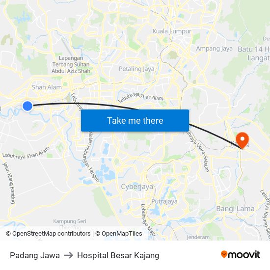 Padang Jawa to Hospital Besar Kajang map