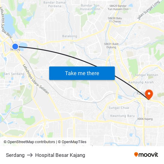 Serdang to Hospital Besar Kajang map