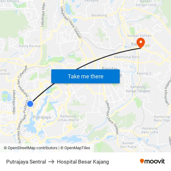 Putrajaya Sentral to Hospital Besar Kajang map