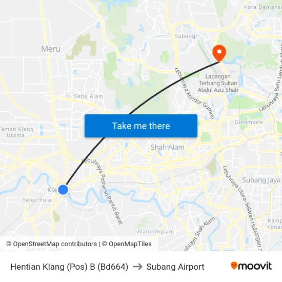 Hentian Klang (Pos) B (Bd664) to Subang Airport map