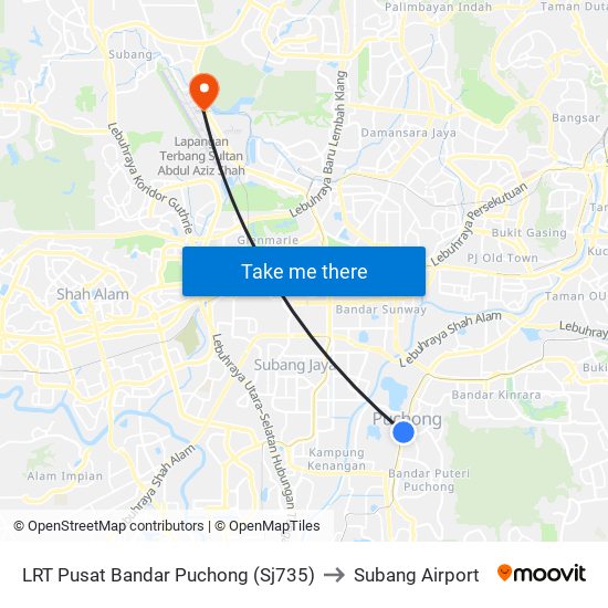 LRT Pusat Bandar Puchong (Sj735) to Subang Airport map