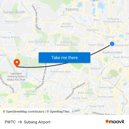 PWTC to Subang Airport map