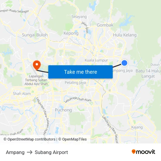 Ampang to Subang Airport map