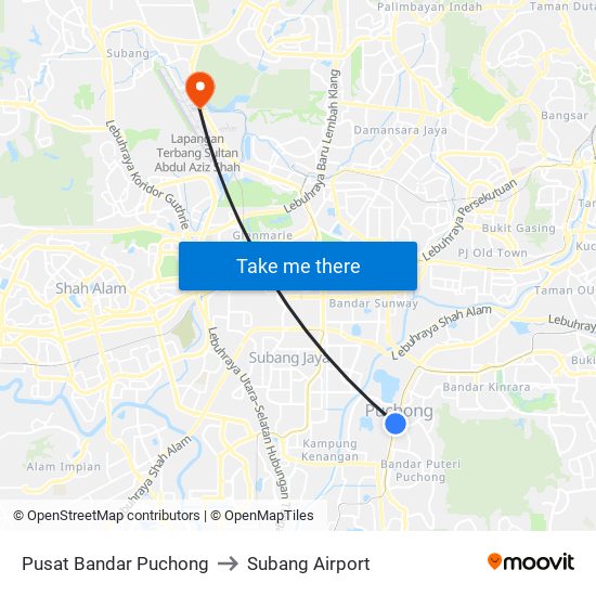 Pusat Bandar Puchong to Subang Airport map