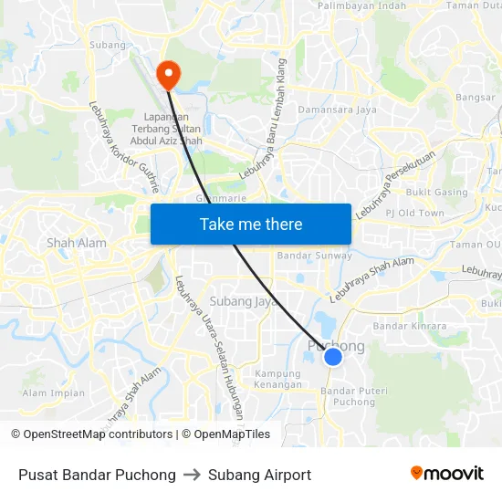 Pusat Bandar Puchong to Subang Airport map