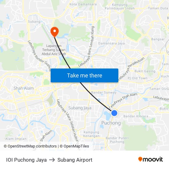 IOI Puchong Jaya to Subang Airport map
