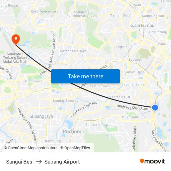 Sungai Besi to Subang Airport map