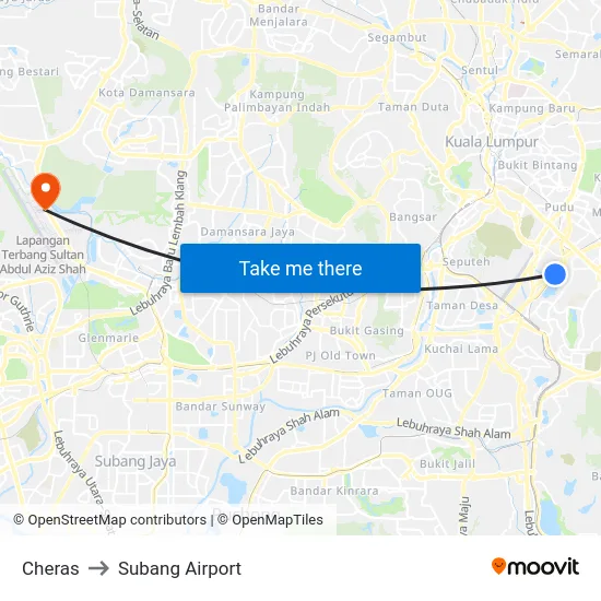 Cheras to Subang Airport map