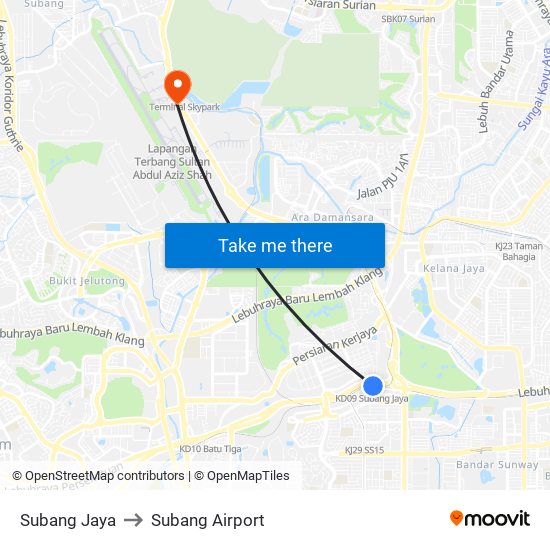 Subang Jaya to Subang Airport map